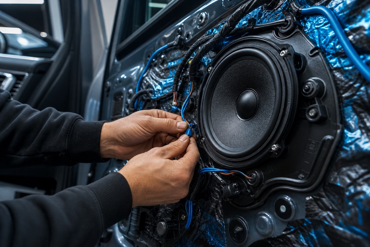 Professional car audio and remote starter installation workspace
